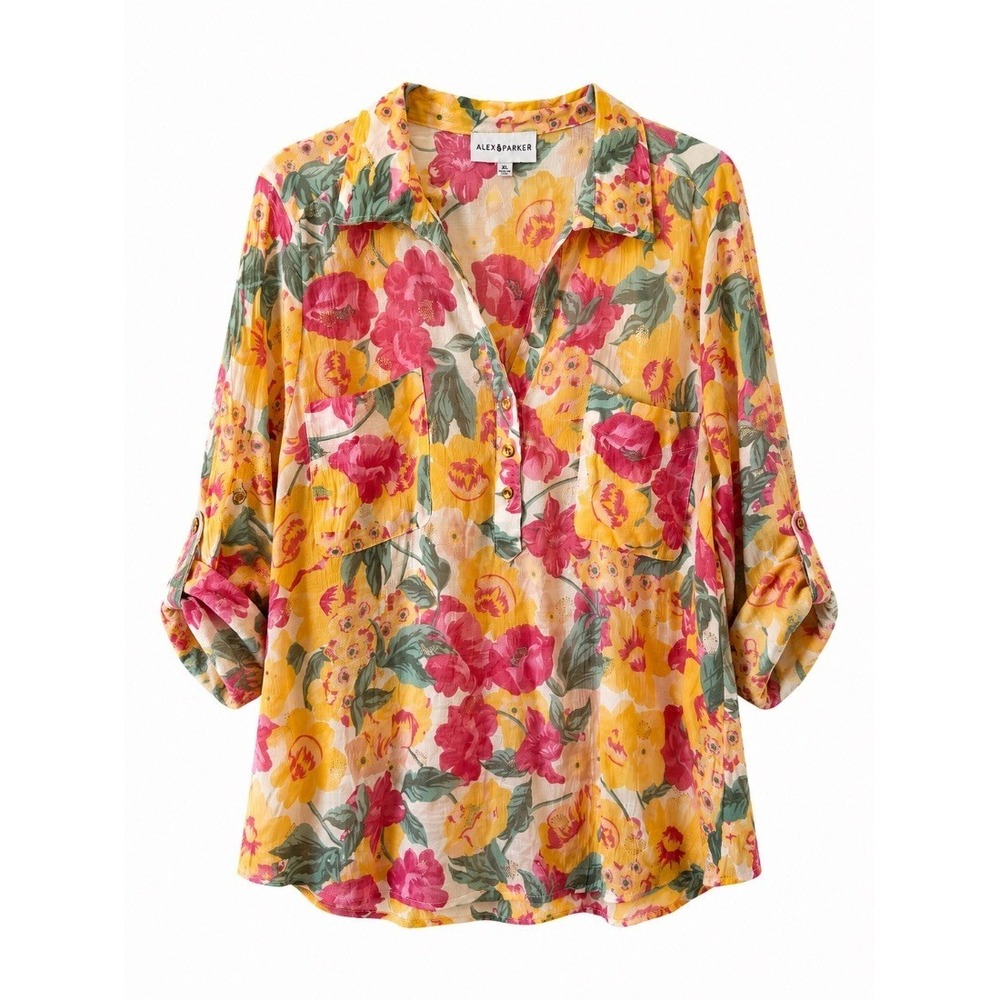 Alex Parker Plus Size 1X Floral Blouse Top Yellow Pink 3/4 Sleeve Rayon Popover